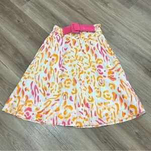 Picnic By C.P.W White Orange Pink Cheetah Midi Print Skirt with Belt Women Sz 4